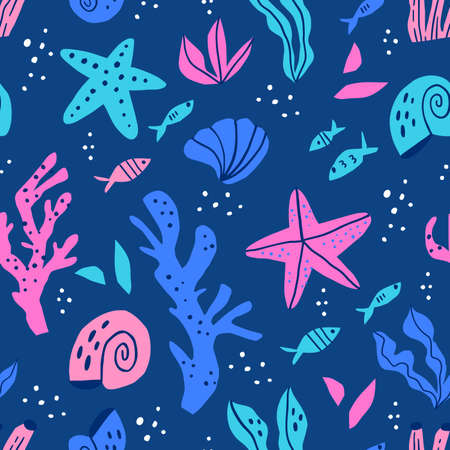 Sea flora and fauna flat vector seamless pattern. Ocean nature, sealife cartoon texture. Underwater animals and plants decorative background. Aquatic wallpaper, wrapping paper, textile designのイラスト素材