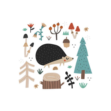 Cute hand drawn hedgehog and doodle forest plants isolated on white background. Pine tree, mushrooms, flowers, tree stump. Woodland spiny animal character in scandinavian style. Flat vector clip artのイラスト素材
