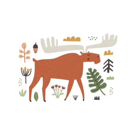 Hand drawn horned moose character and forest plants isolated on white background. Leaves, acorn, flowers abstract drawings. Cute scandinavian woodland animal with big antlers. Flat vector illustrationのイラスト素材