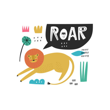 Hand drawn cartoon lion character and Roar lettering word in speech bubble. Abstract doodle elements isolated on white. Cute safari animal, wild cat with mane. Baby t shirt print in scandinavian styleのイラスト素材