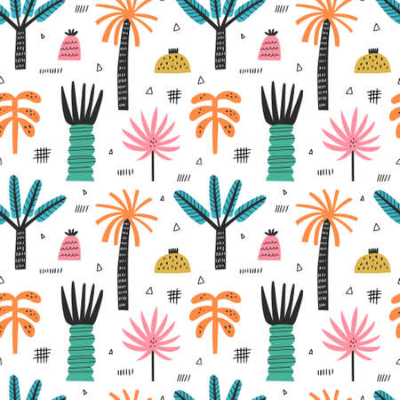 Tropical beach palm trees vector seamless pattern. Hand drawn jungle background with rainforest leafy plants and sketch doodle drawings. Modern textile, wrapping paper print design. Scandinavian styleのイラスト素材