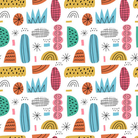 Cartoon abstract seamless pattern. Hand drawn irregular shapes with dots, stripes and lines isolated on white background. Doodle figures and sketchy drawings. Fun multicolored geometric textile designのイラスト素材