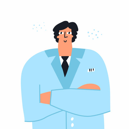 Smiling male doctor cartoon character wearing a lab coat and tie isolated on white. Friendly physician standing with arms crossed. Professional therapist vector design. Medical worker doodle drawingのイラスト素材