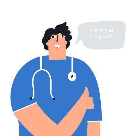 Happy male doctor showing thumbs up. Cheerful cartoon physician and speech bubble on white background. Positive therapist in medical uniform. Confident healthcare professional flat vector illustrationのイラスト素材