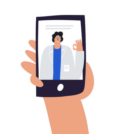 Patient and doctor video communication through smartphone. Online healthcare service app. Mobile medicine consultation flat vector template. Virtual medic help, checkup. Internet telemedicine conceptのイラスト素材