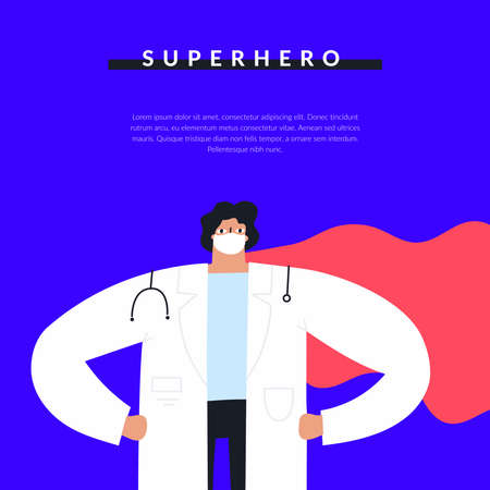 Confident male doctor wearing face mask, lab coat, red cape. Medicine professional superhero concept. Positive healthcare worker cartoon character. Hospital poster vector template. Flat illustrationのイラスト素材