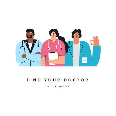 Group of female and male doctors on white background. Hand drawn medic staff characters with stethoscope and clipboard. Healthcare service or check up concept. Medical professional in uniform. Flat style vectorのイラスト素材