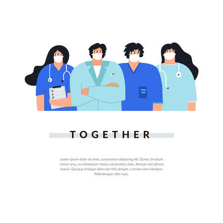 Group of male and female doctors and nurses in face masks. Stop virus together concept drawn by hand. Healthcare team on white background. Medical professionals in uniforms vector illustrationのイラスト素材