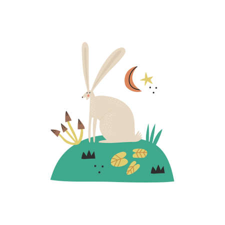 Cartoon hare character vector illustration. Hand drawn forest animal with long ears, mushrooms, leaves. Cute woodland rabbit. Funny scandinavian style bunny sitting on grass, kids t shirt print designのイラスト素材
