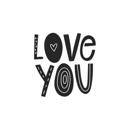 Love you romantic hand drawn lettering text with doodle drawings. Cute black and white quote inscription. Valentine greeting card typography design with amorous phrase. Flat vector illustrationのイラスト素材