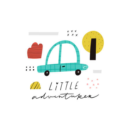 Little Adventurer handwritten text. Cute cartoon car, tree, bush with texture and doodle elements vector clipart. Blue baby automobile, motor vehicle. Adorable childish transport t shirt print designのイラスト素材