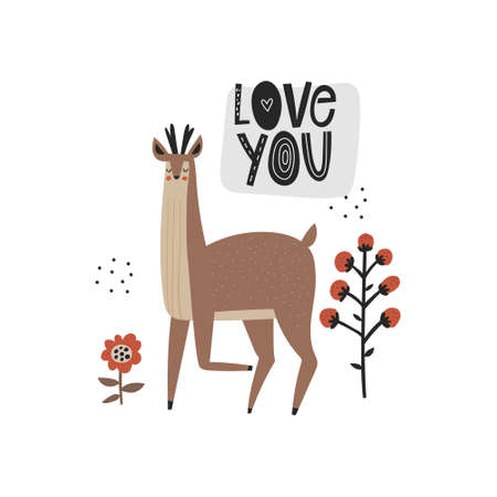 Love you romantic lettering inscription with cute roe deer and doodle flowers drawings. Hand drawn scandinavian quote and wild animal with antlers. Flat vector typography design with amorous phraseのイラスト素材