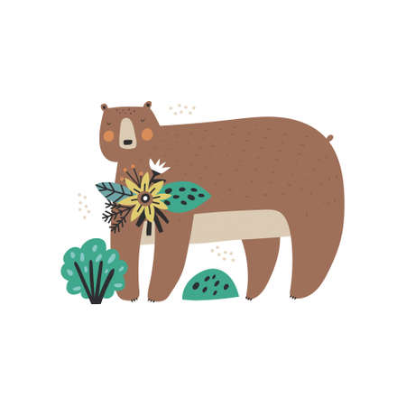 Adorable cartoon bear character with flowers bouquet isolated on white background. Big wild woodland animal vector illustration. Cute forest mammal in scandinavian style. Childish t shirt print designのイラスト素材