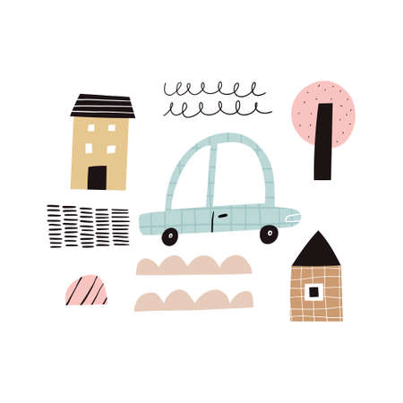 Abstract motor car, tree, houses and doodle texture drawings clipart isolated on white background. Hand drawn childish city street, cartoon automobile vector illustration. Kids t shirt, poster designのイラスト素材