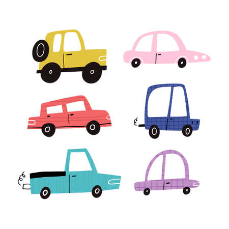 Hand drawn funny motor cars collection isolated on white background. Cute cartoon textured automobiles, suv, pickup truck clipart set. Childish various transport vehicles flat vector illustrationのイラスト素材