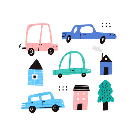Cute cartoon motor cars, houses and tree collection clipart on white background. Hand drawn childish automobiles, buildings set with texture and doodle drawings. Sketch city flat vector illustrationのイラスト素材