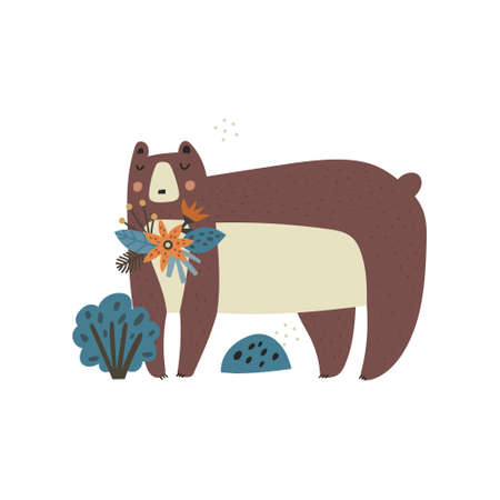Cute cartoon bear character with flower composition isolated on white background. Scandinavian brown animal in wildlife drawn by hand. Adorable comic mammal illustration for kid t shirt print designのイラスト素材