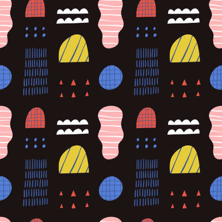 Cartoon abstract shapes with texture vector seamless pattern. Hand drawn colorful flat figures, circles, semicircles, triangles, dots on black background. Modern wallpaper, textile art print designのイラスト素材
