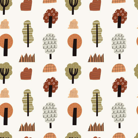 Hand drawn autumn forest vector seamless pattern. Flat cartoon trees, bushes and grass with texture isolated on white background. Fall season woodland, modern nature wallpaper, textile print designのイラスト素材