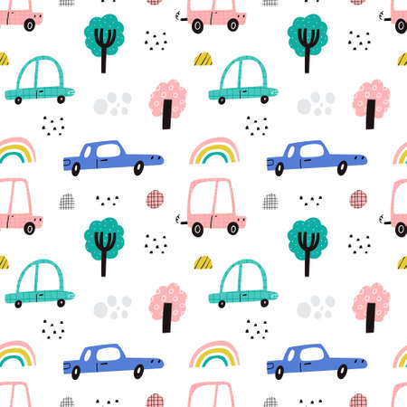 Cute kids cars vector seamless pattern. Fun cartoon auto transport, trees, rainbow and doodle elements with texture isolated on white background. Hand drawn childish wallpaper, textile print designのイラスト素材