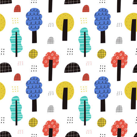 Cute colorful trees vector seamless pattern. Hand drawn forest with texture isolated on white background. Cartoon flat woodland, childish textile, scandinavian style nature park wallpaper designのイラスト素材