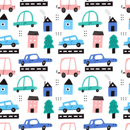 Cute childish cars in city vector seamless pattern with texture. Colorful cartoon auto transports, houses, trees isolated on white background. Kids automobile wallpaper, hand drawn flat textile designのイラスト素材