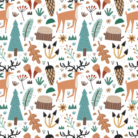 Cute scandinavian seamless pattern with woodland horned animal, pine trees, flowers, mushrooms on white background. Hand drawn forest deer character, doodle fabric print. Cartoon vector illustrationのイラスト素材