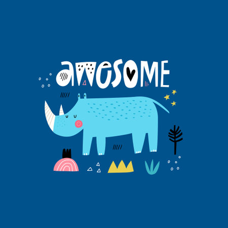 Awesome hand drawn lettering word with doodle decorations and cute rhino characterのイラスト素材