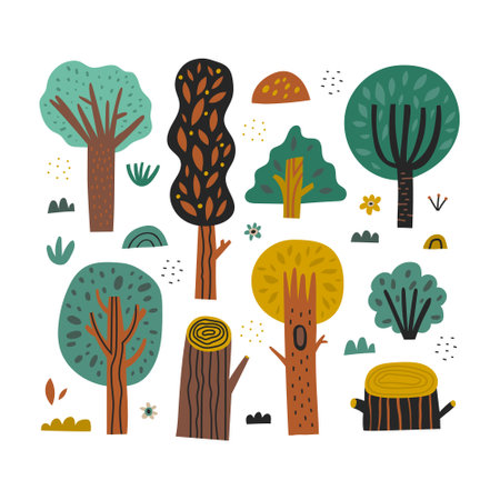 Hand drawn forest trees collection isolated on white backgroundのイラスト素材