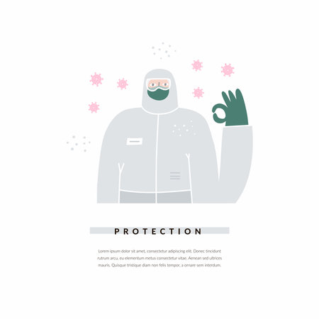 Medicine professional in medical suit and covid-19 virus cells in the airのイラスト素材