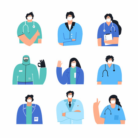 Collection of doctors and nurses wearing face mask isolated on whiteのイラスト素材