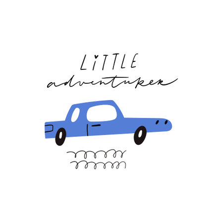 Little adventurer handwritten text and blue cartoon car on white background.のイラスト素材
