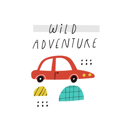 Wild adventure lettering quote, hand drawn motor car and doodle texture elements isolated on whiteのイラスト素材