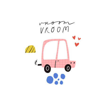 Vroom vroom text lettering, heart shapes, cute flat car and doodle elements isolated on white.のイラスト素材