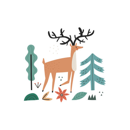 Hand drawn wild forest hoofed animal with horns. Deer, trees, plants, flower isolated on white backgroundのイラスト素材