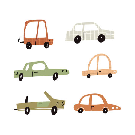 Cartoon retro motor cars collection isolated on white. Cute hand drawn various automobiles clipart setのイラスト素材