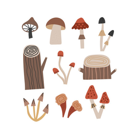 Hand drawn woodland types of mushrooms and tree stumps isolated on white backgroundのイラスト素材