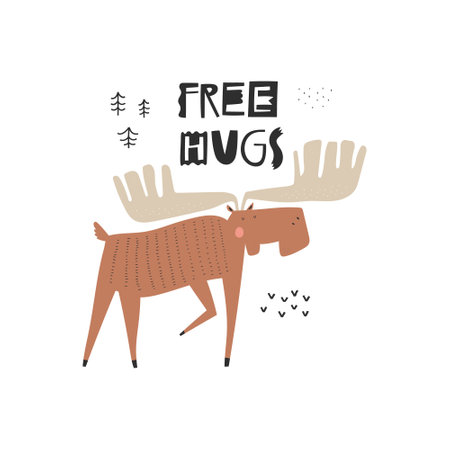 Free Hugs hand drawn lettering quote and cute moose characterのイラスト素材