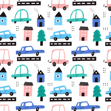 Cute childish cars in city vector seamless pattern with texture.のイラスト素材
