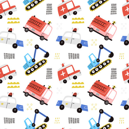 Cartoon emergency vehicles vector seamless pattern. Cute kids ambulance, police car, fire engine truck with siren flasher light and excavator on white background.のイラスト素材