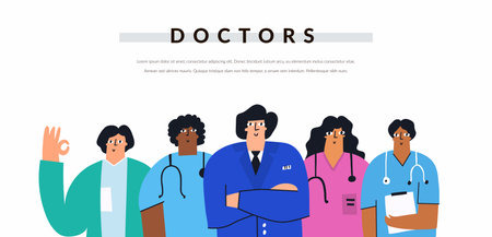 Multicultural group of positive doctors and nurses isolated on white backgroundのイラスト素材
