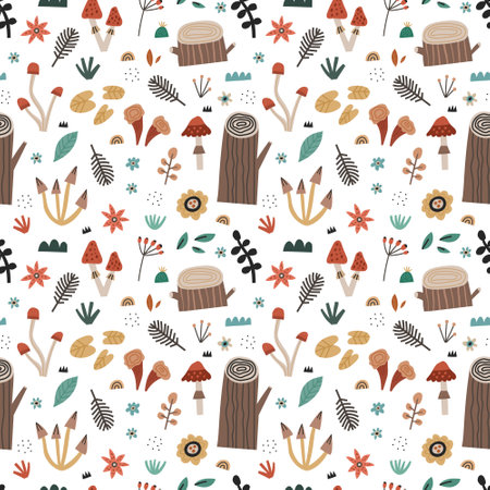Hand drawn nature elements seamless pattern. Scandinavian styleのイラスト素材