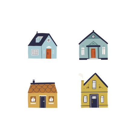 Colorful clipart set, hand-drawn buildings in a trendy style with cute details.のイラスト素材