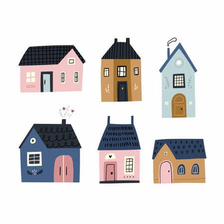 Colorful clipart set, hand-drawn buildings in a trendy style with cute details.のイラスト素材