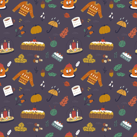 Cute and cozy autumn seamless pattern with golden leaves and symbols of season.のイラスト素材