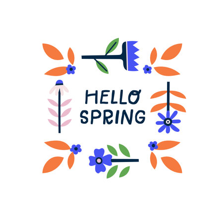Hello Spring vector concept with hand drawn letters and folk style florals.のイラスト素材