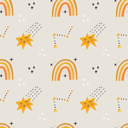 Cute hand drawn rainbows and stars vector seamless pattern.のイラスト素材