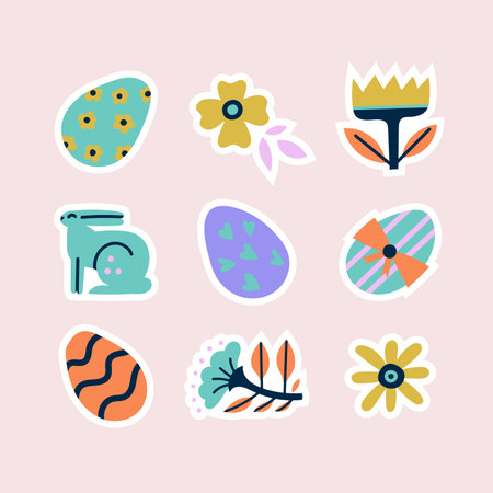 Happy Easter vector stickers with bunny, eggs, flowers.のイラスト素材