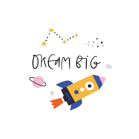 Dream Big handwriting text lettering and rocket flying into outer space isolated on white. Cartoon spaceship, planet, stars vector doodle illustration. Inspirational quote inscription, childish posterのイラスト素材