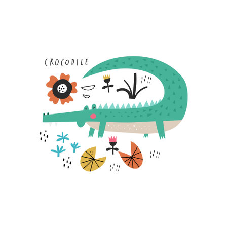 Childish cartoon crocodile character on white background.のイラスト素材